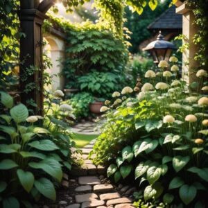 Ogród z fontanną w kąciku